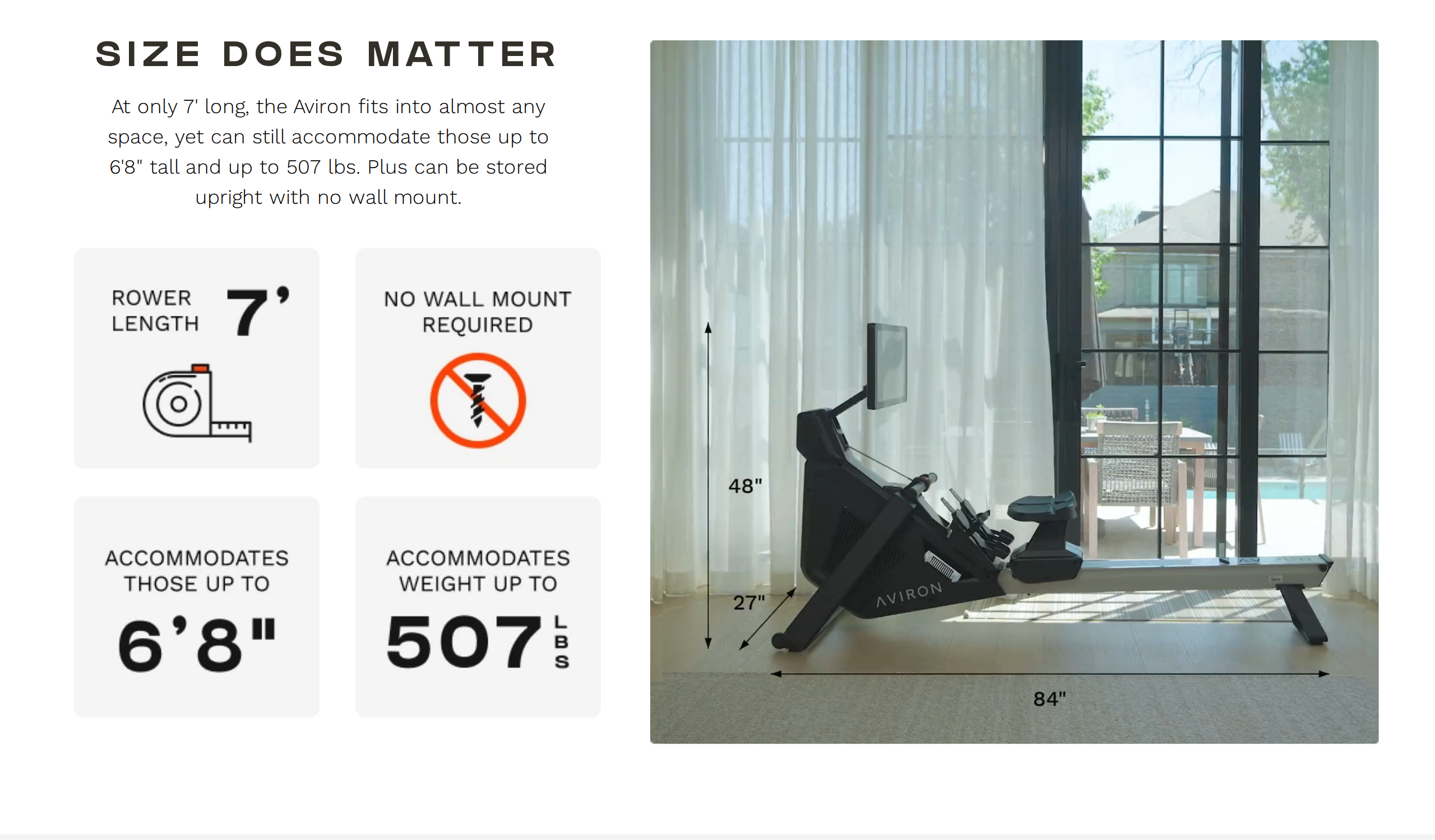 Aviron's size section showing a rower in a bright room with its 84 inch length, 27 inch width and 48 inch height marked, plus a 6 ft 8 in and 507 lb capacity