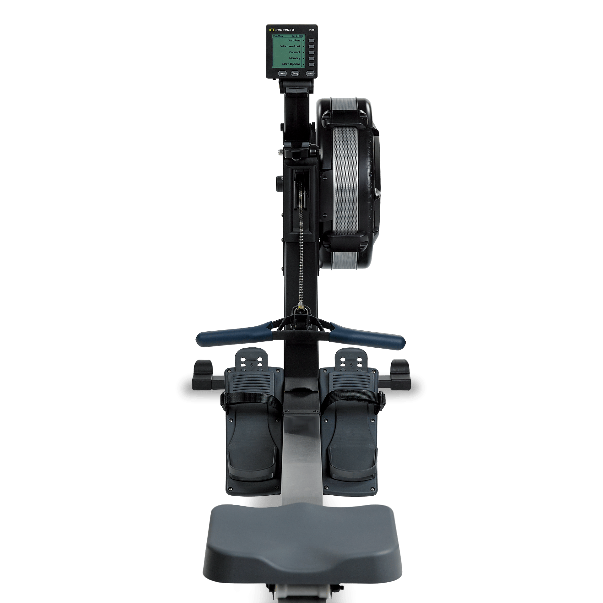 Front view of the RowErg showing the monitor on top, the handle, two footplates with straps and the seat