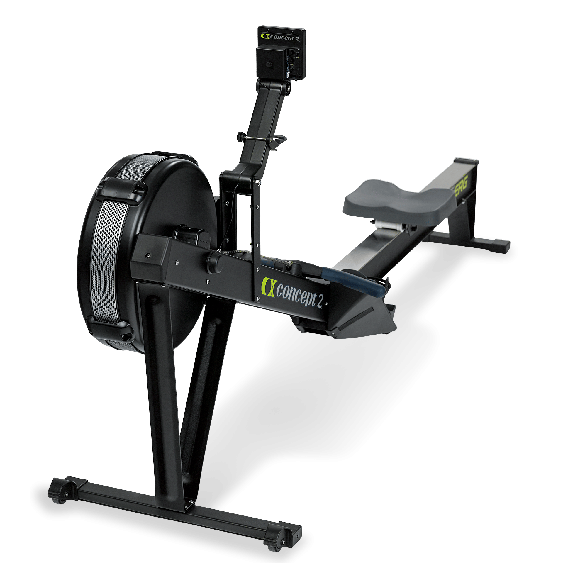 Rear three-quarter view of the RowErg showing the leg, flywheel housing and seat on the rail