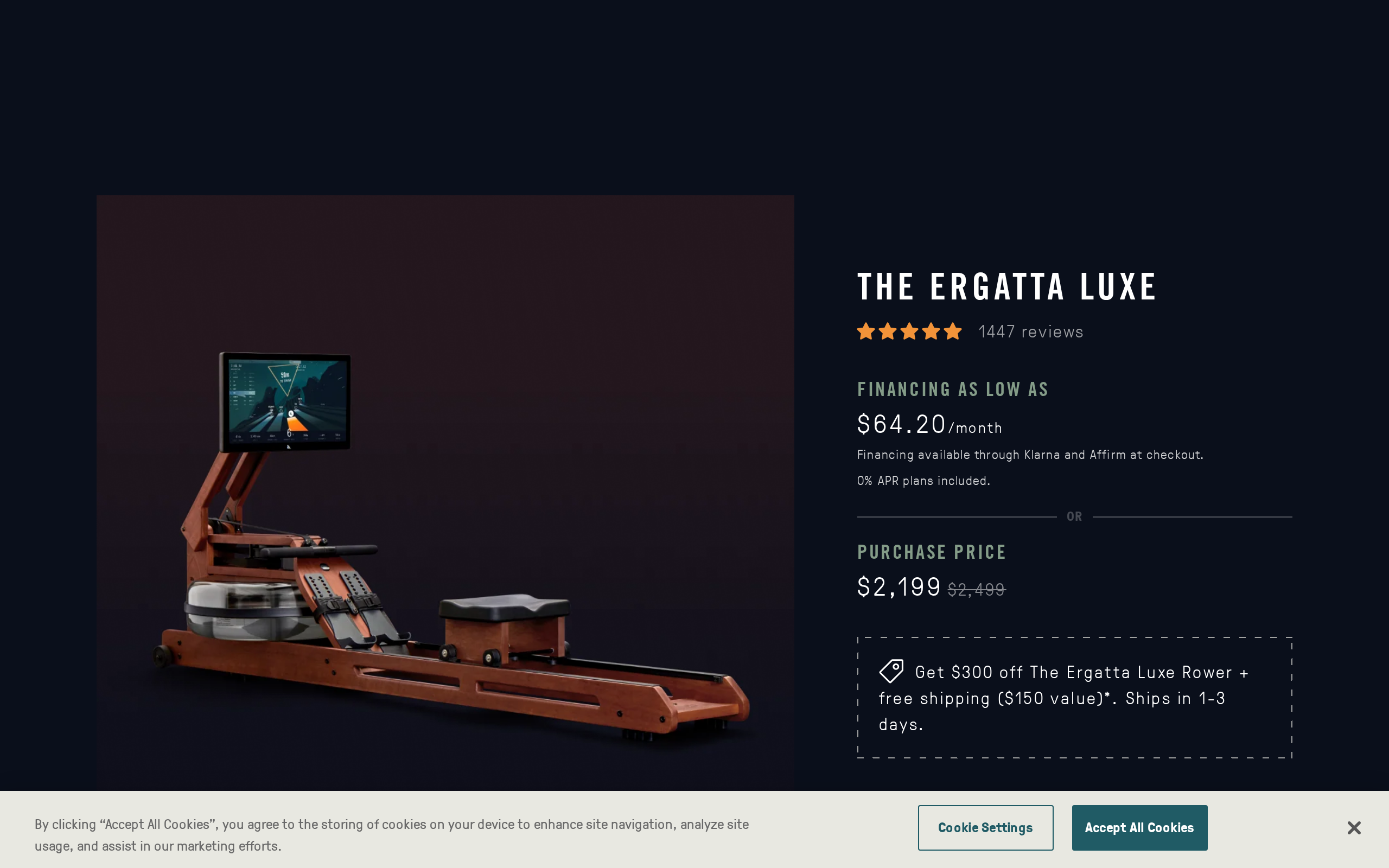 The Ergatta Luxe product page showing a cherry wood rower at $2,199