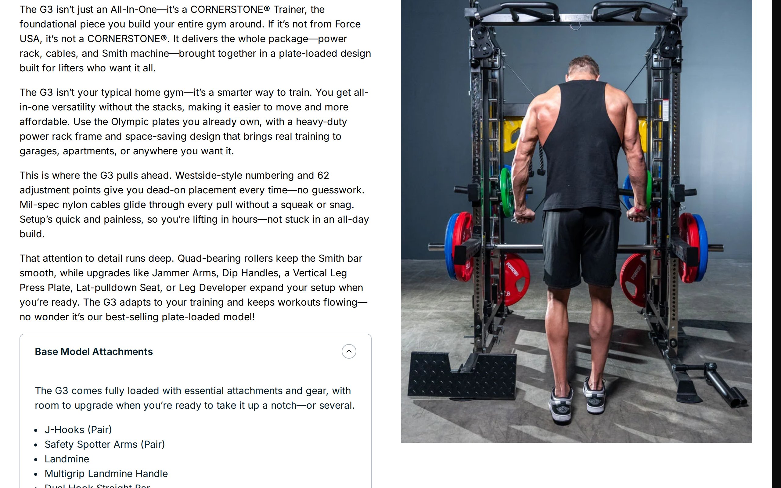 The base-model attachments list on the G3 page, including J-hooks, spotter arms, landmine and nylon stirrup handles