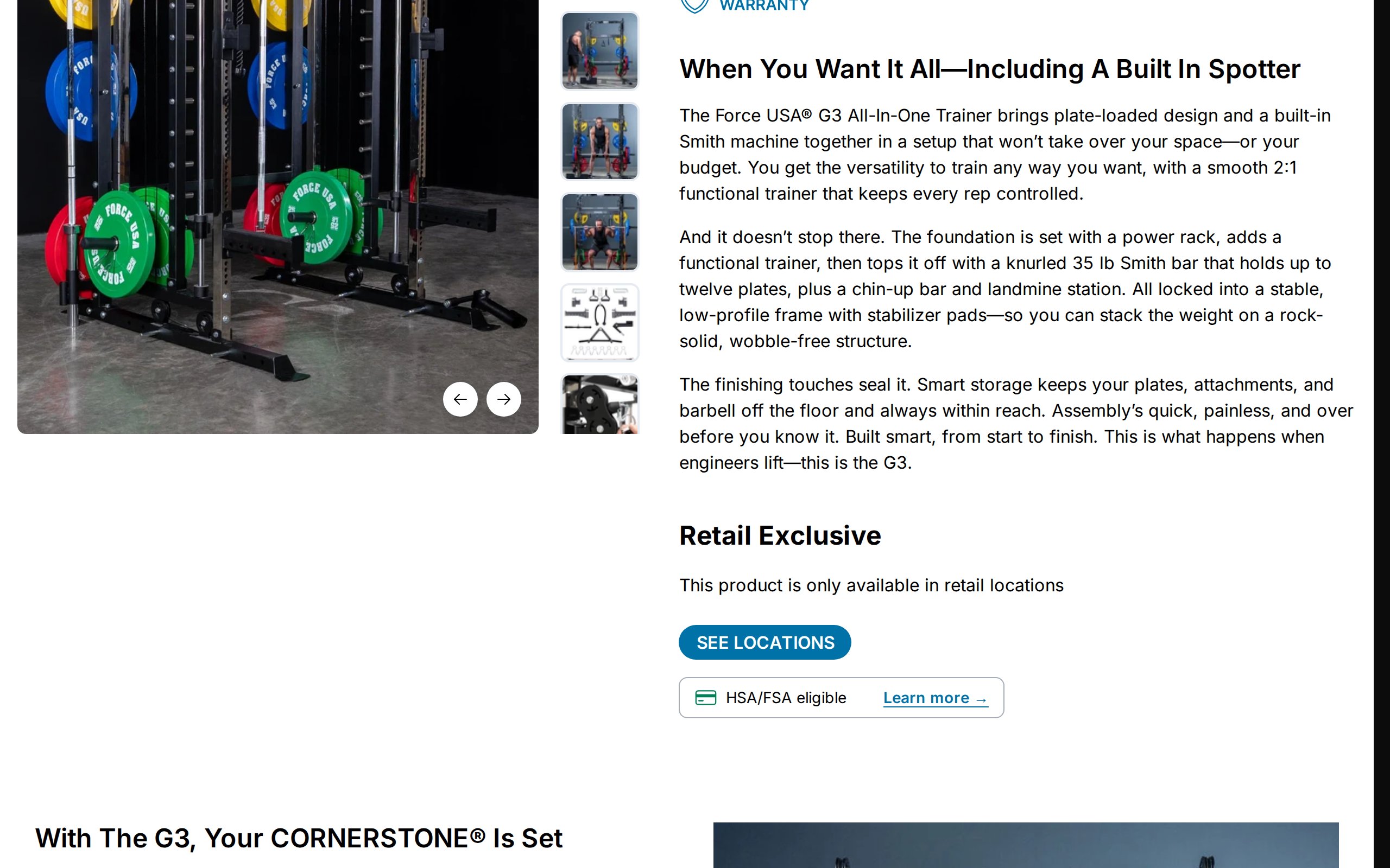 Force USA's product page showing the G3 with a gallery of photos, a description and a lifetime warranty badge