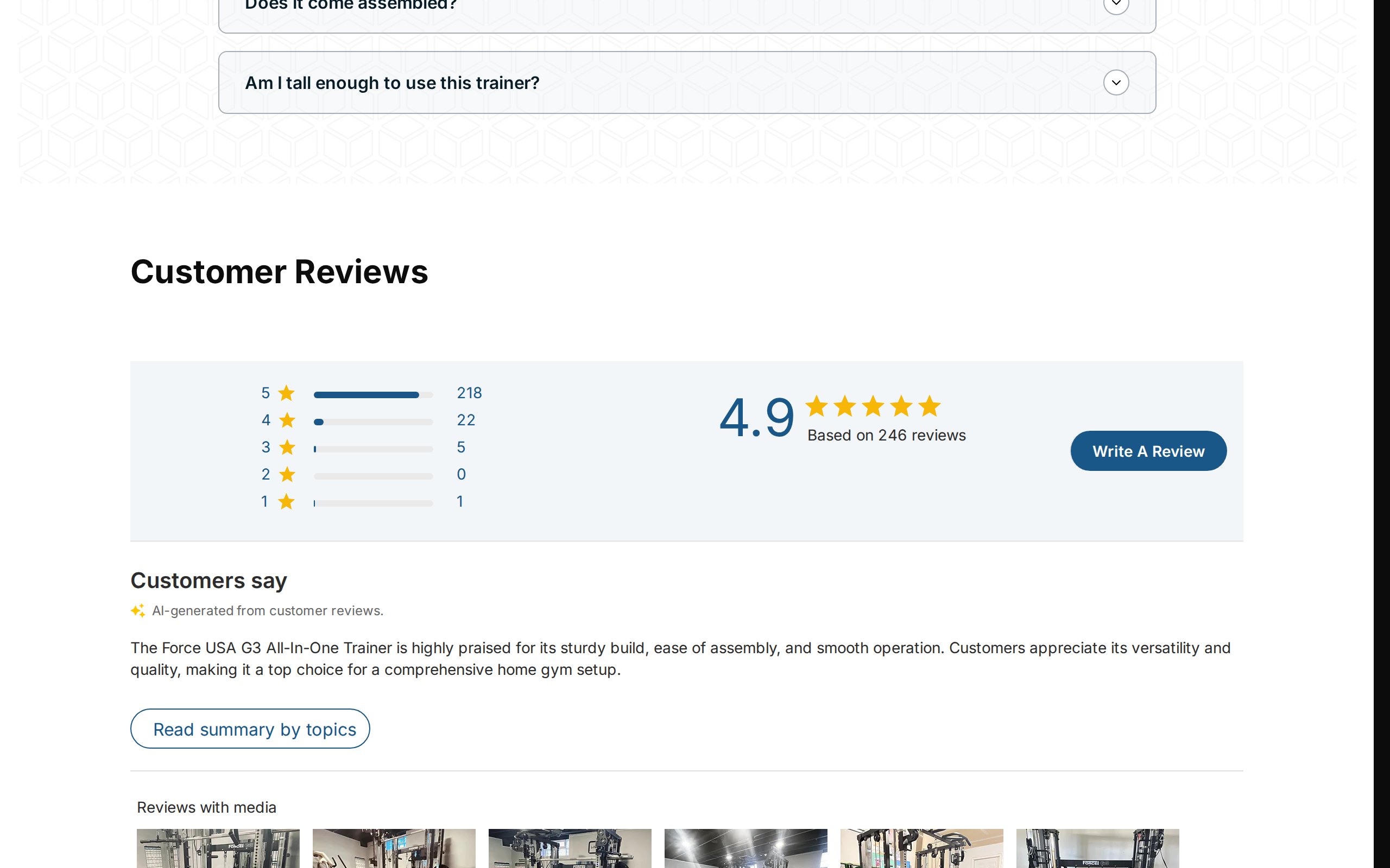 The G3 customer reviews section showing a 4.9 star average from 246 reviews with a rating breakdown