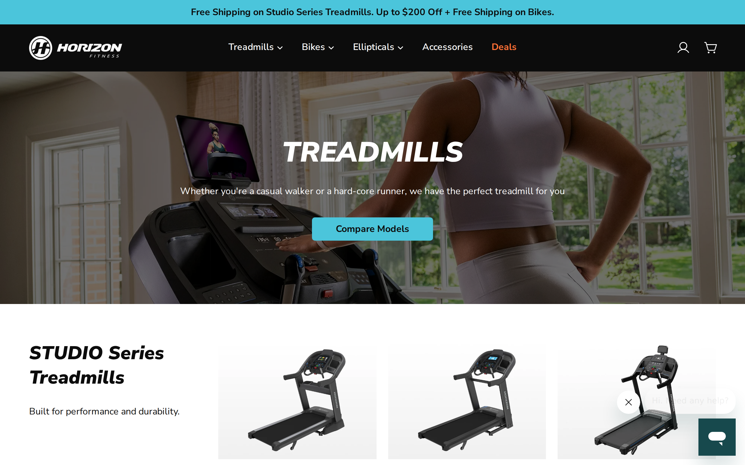 Horizon Fitness treadmill collection page with the Studio series treadmills and a free shipping banner