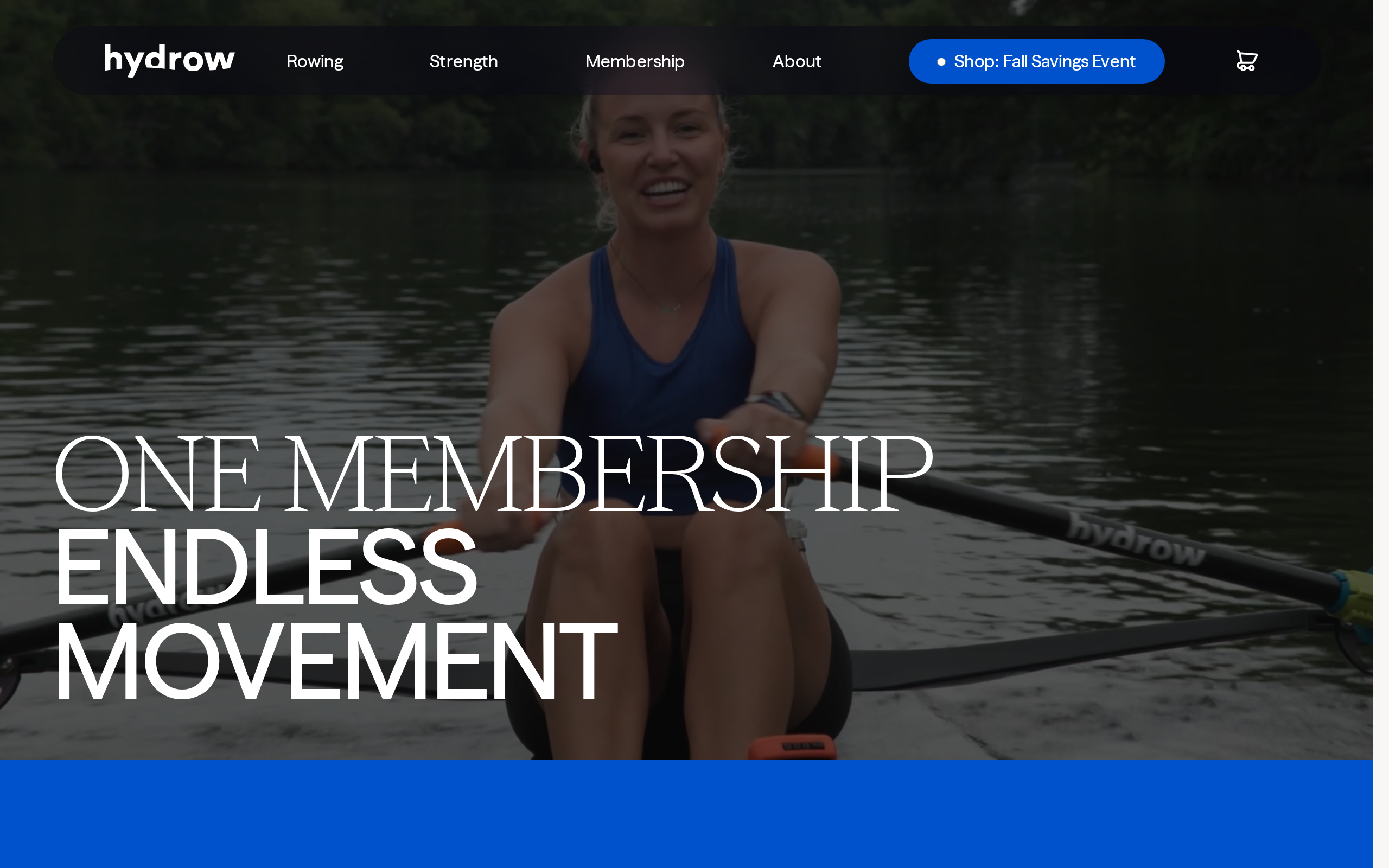 Hydrow membership page with the headline One membership, endless movement over footage of a rower on a lake