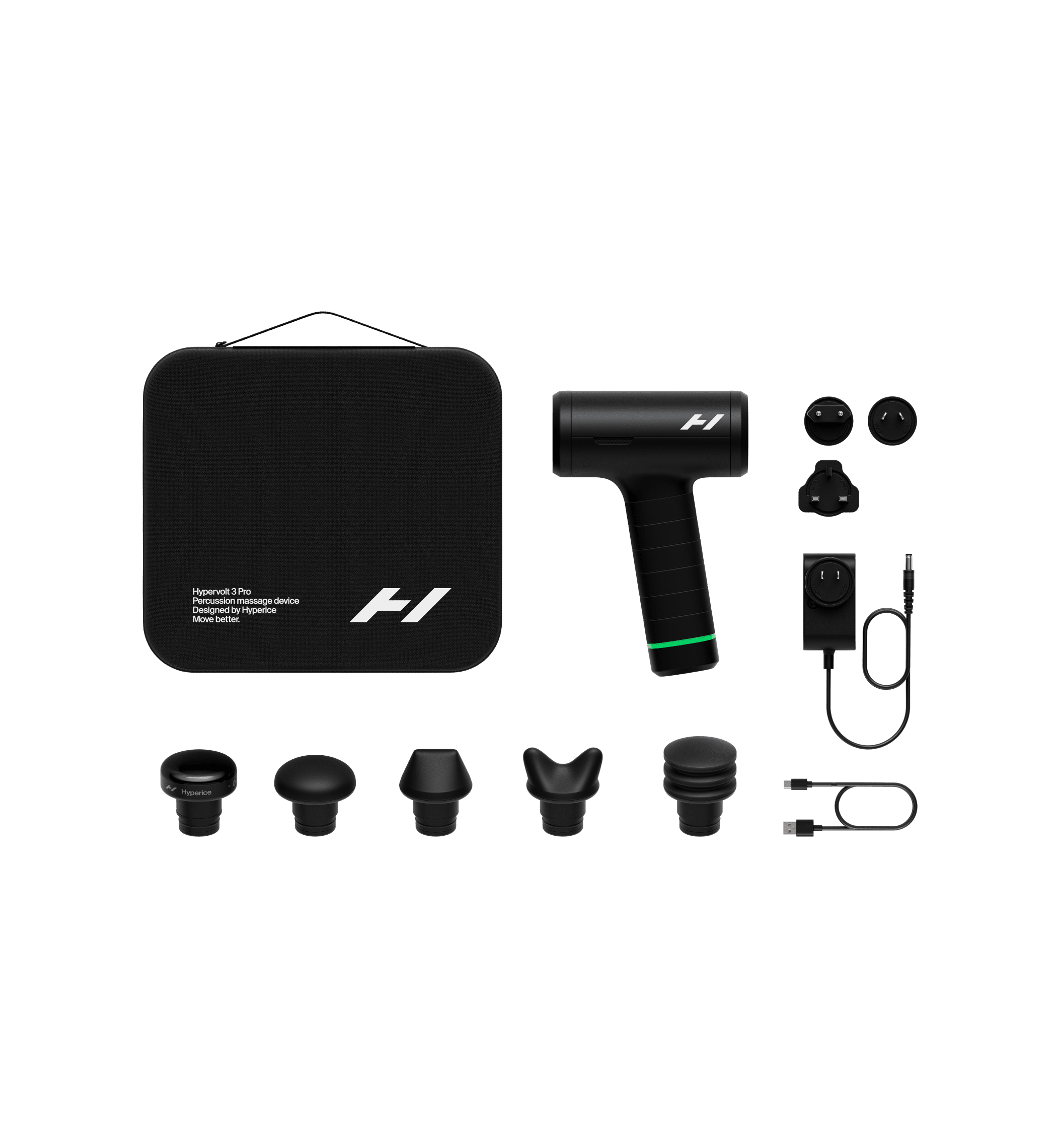 Hypervolt 3 Pro kit laid out: the carry case, the gun, five head attachments, wall charger and cable