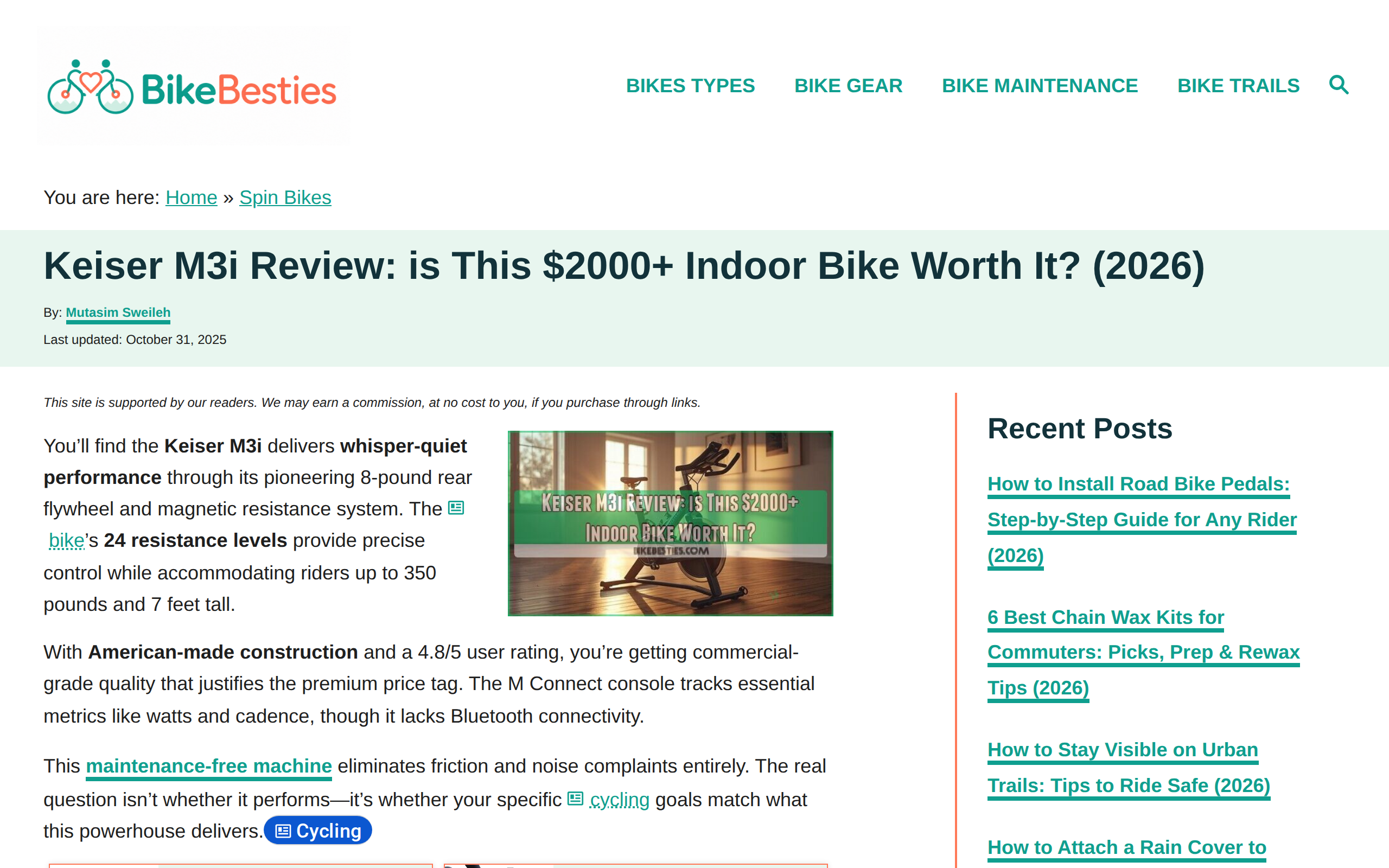 Review page for the Keiser M3i from a cycling site, headed as a $2000-plus indoor bike