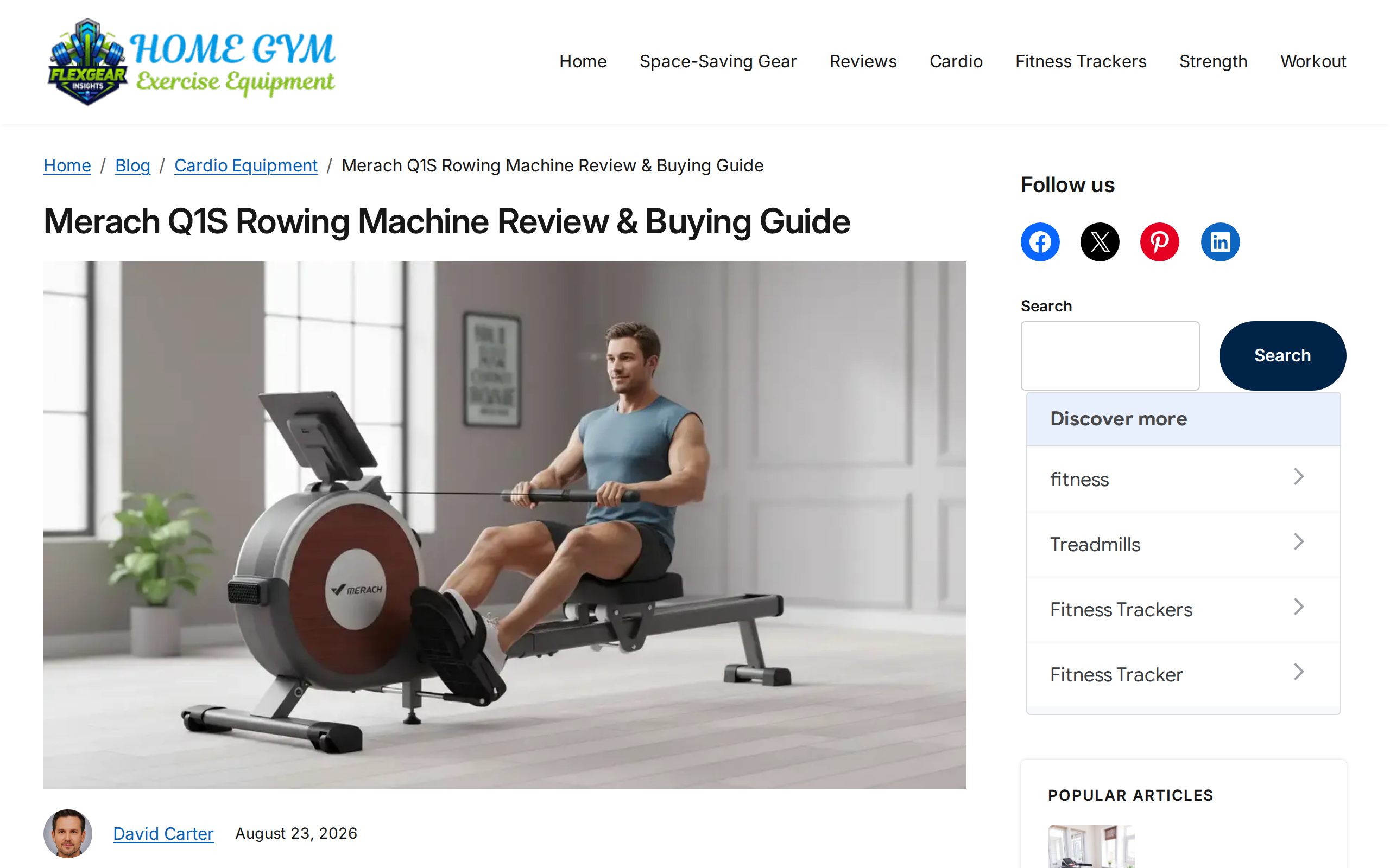 Independent Merach Q1S review page with a photo of the rower in a home gym
