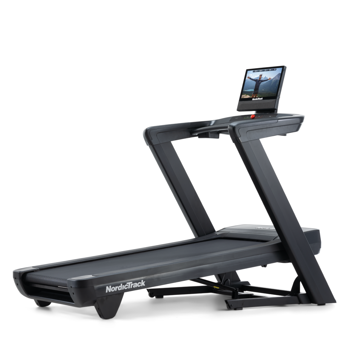 The NordicTrack Commercial 1750 on a black background, seen from the front corner with its screen angled up