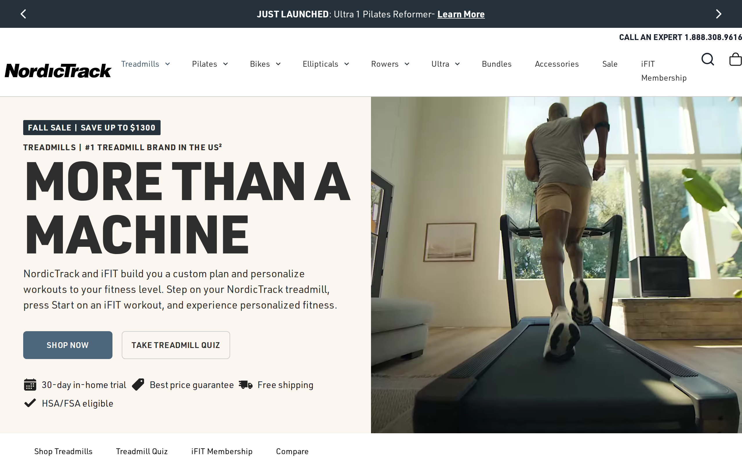 NordicTrack's treadmills category page headed More Than a Machine, showing a runner on a treadmill