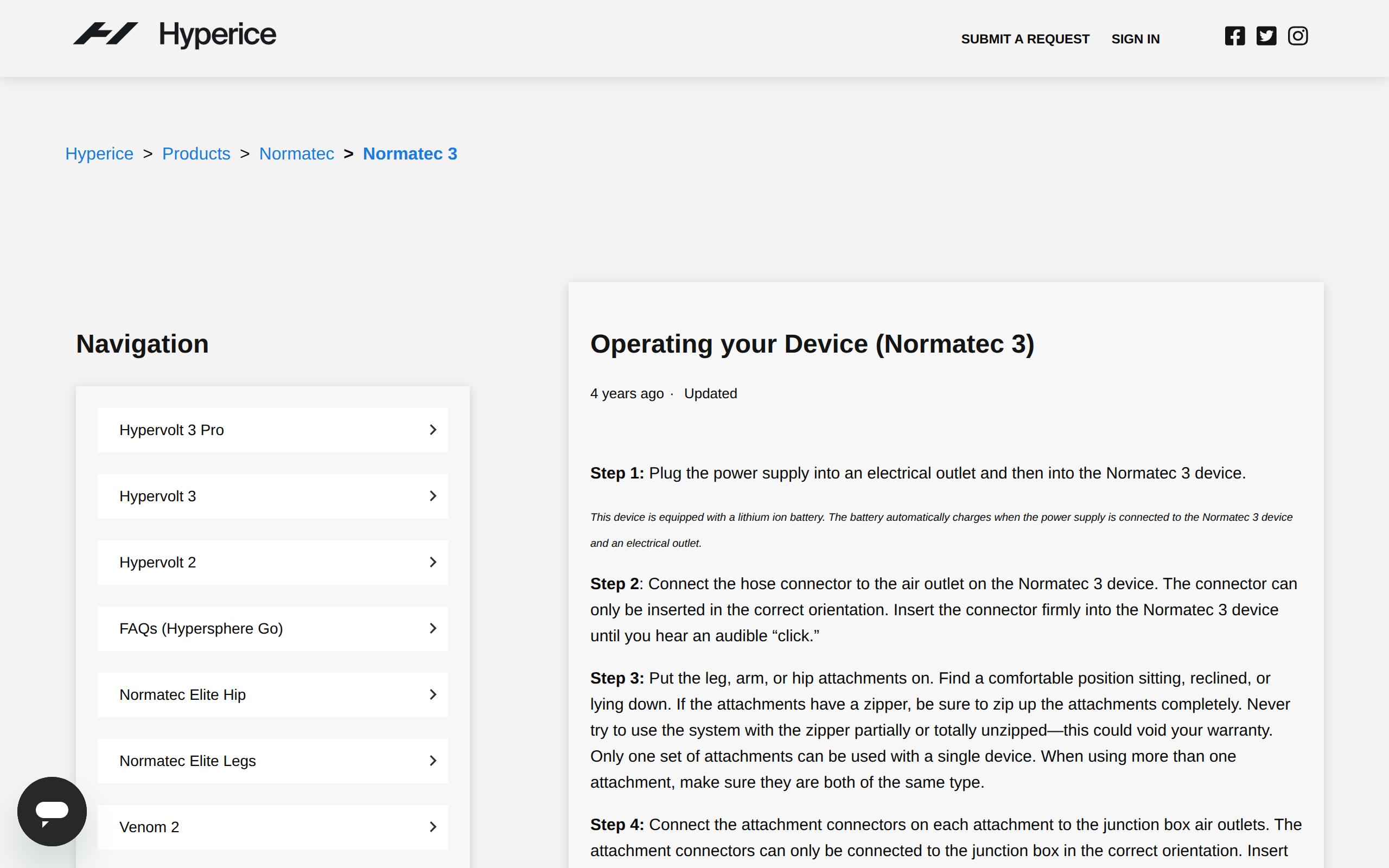 Hyperice support page headed Operating your Device (Normatec 3), starting with plugging in the power supply