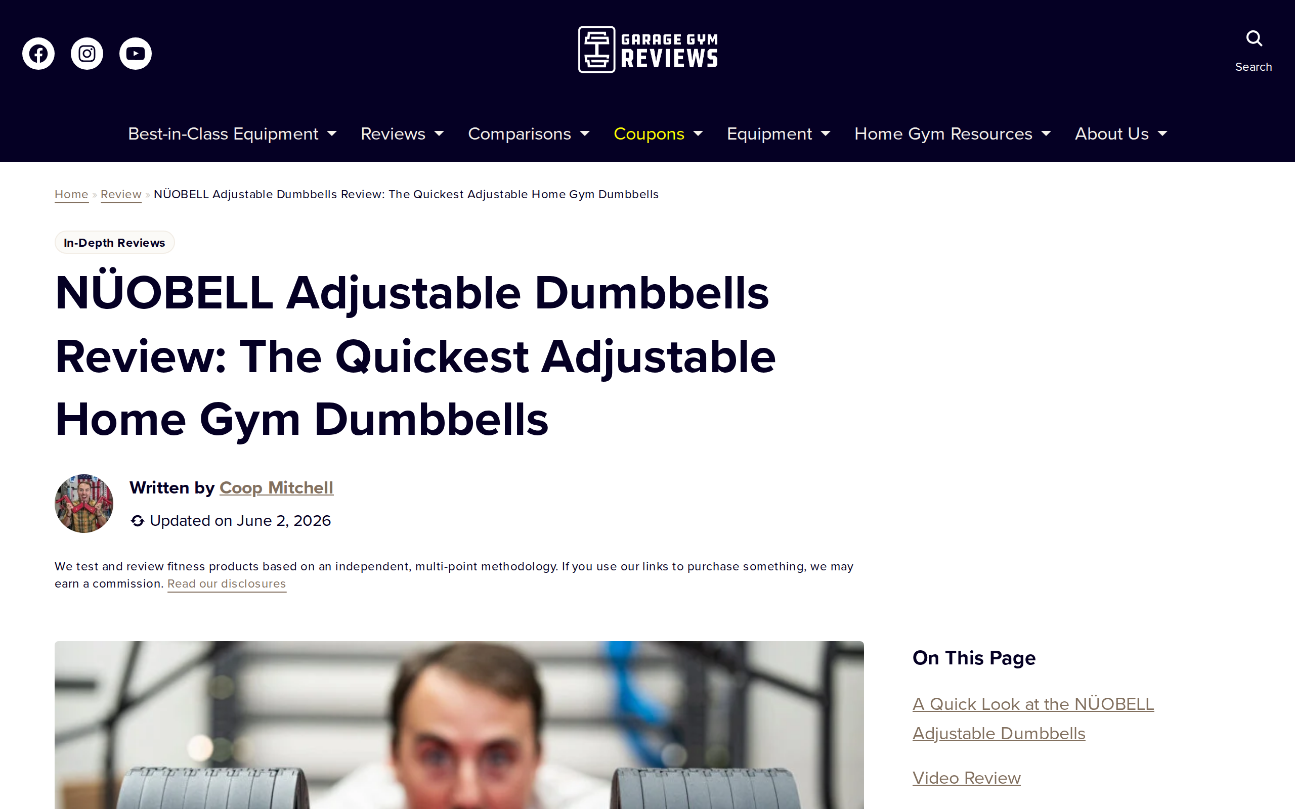 Garage Gym Reviews headline calling NÜOBELL the quickest adjustable home gym dumbbells