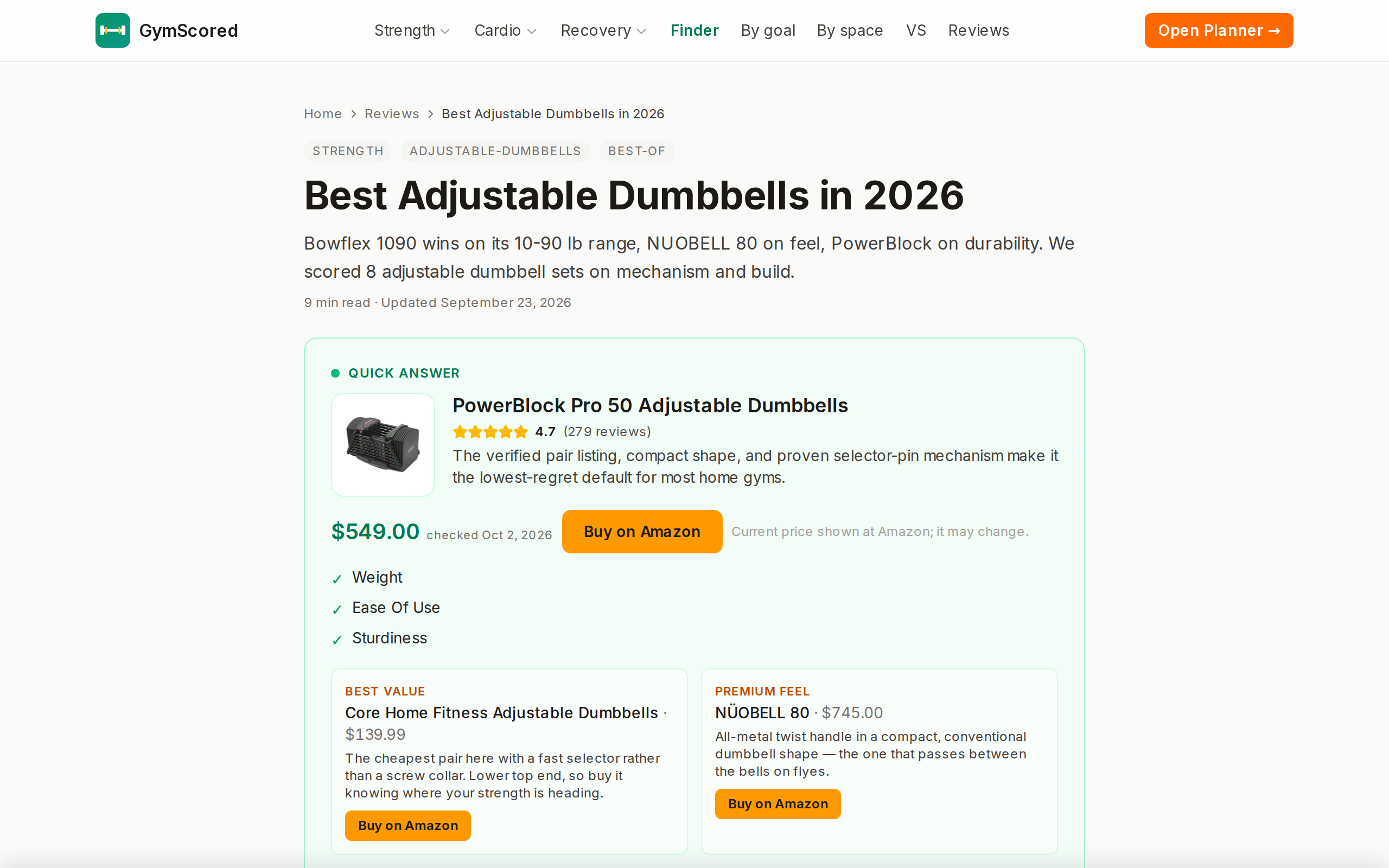 GymScored guide to the best adjustable dumbbells in 2026, comparing Bowflex 1090, NUOBELL and PowerBlock with prices