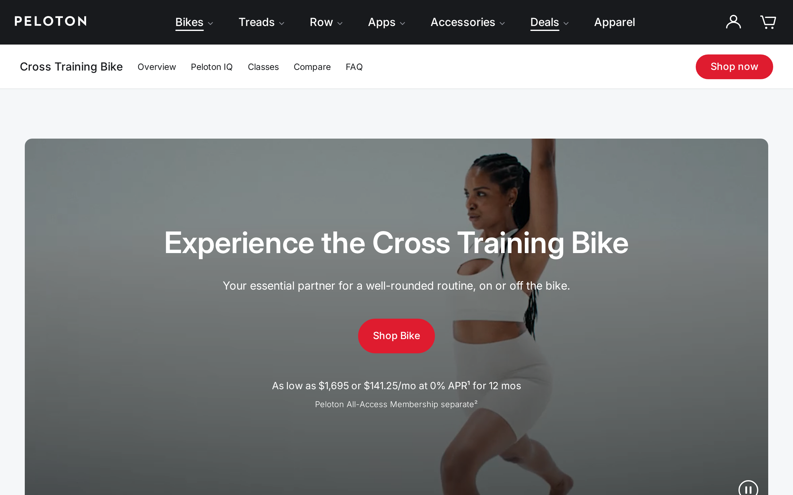 Peloton's Cross Training Bike page headlined Experience the Cross Training Bike, with prices from $1,695 or $141.25 a month
