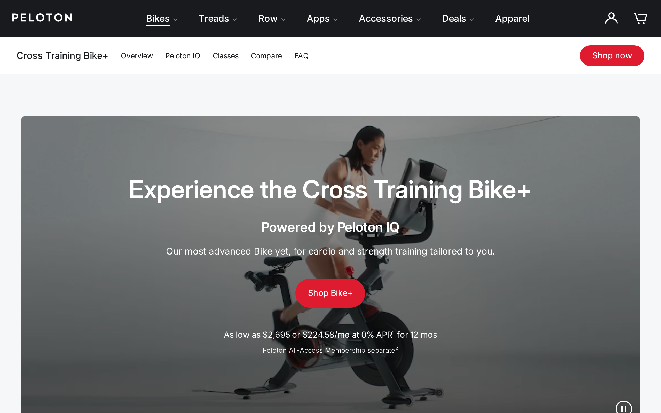 Peloton's Cross Training Bike+ page showing the headline, a rider on the bike and a price from $2,695 or $224.58 a month