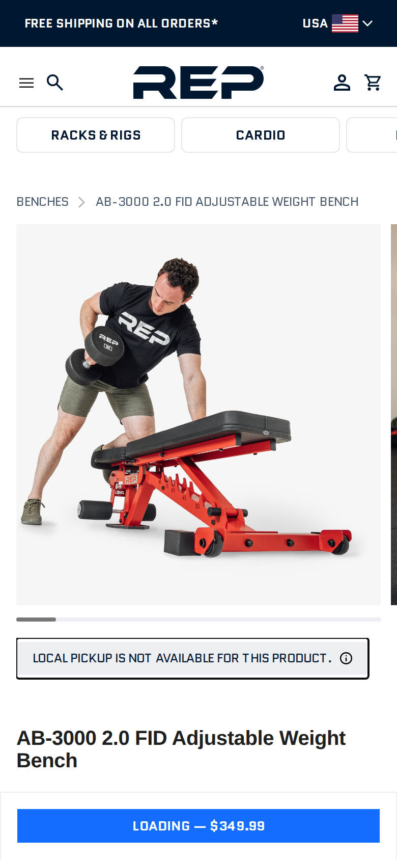REP Fitness AB-3000 2.0 FID bench product page with the price of $349.99