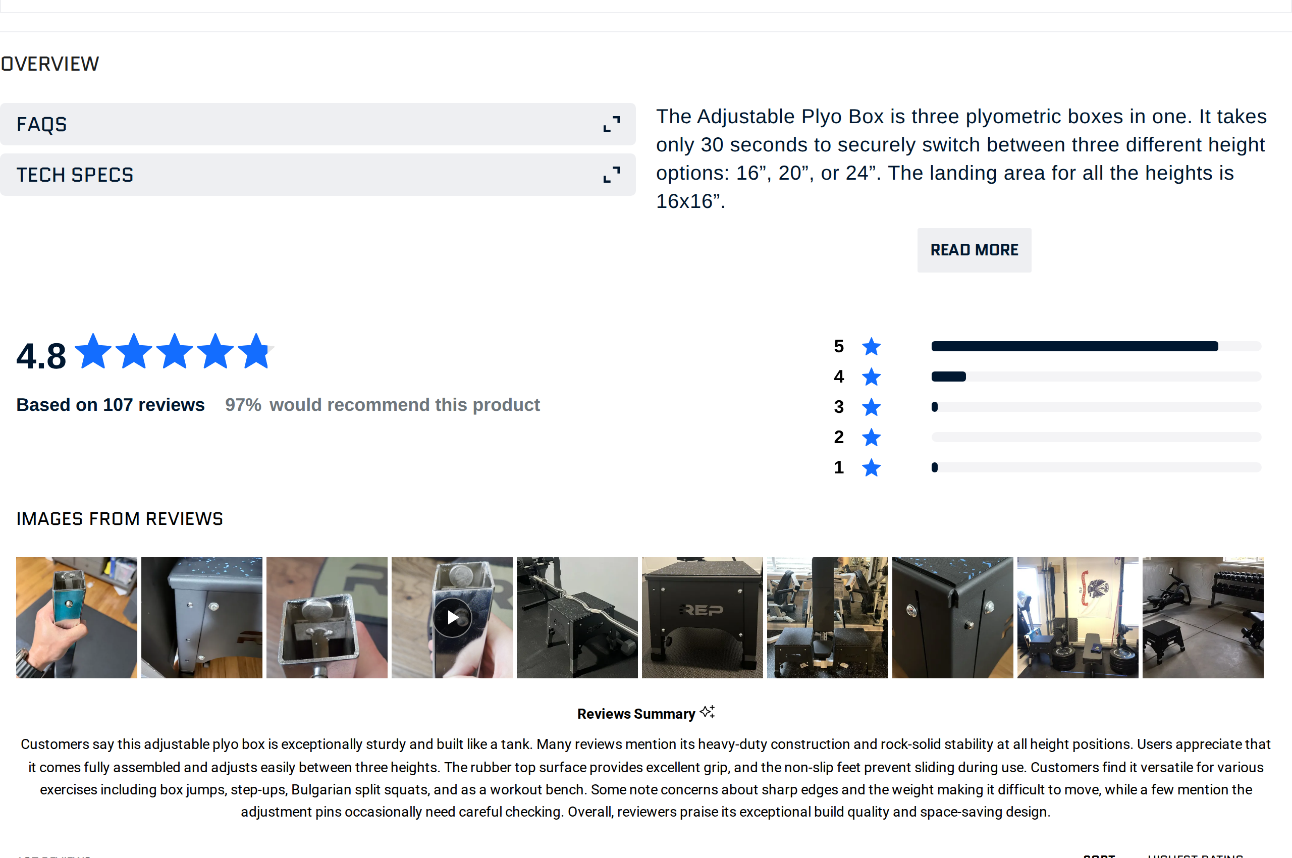 Overview and customer rating section of REP's product page: 4.8 stars on 107 reviews