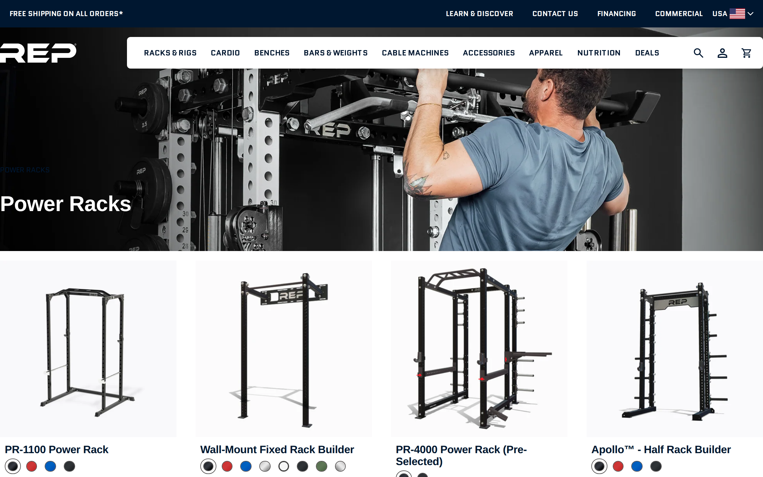 REP Fitness's Power Racks category page with a man doing a pull-up above tiles for the PR-1100, a wall-mount rack and the PR-4000 pre-selected rack