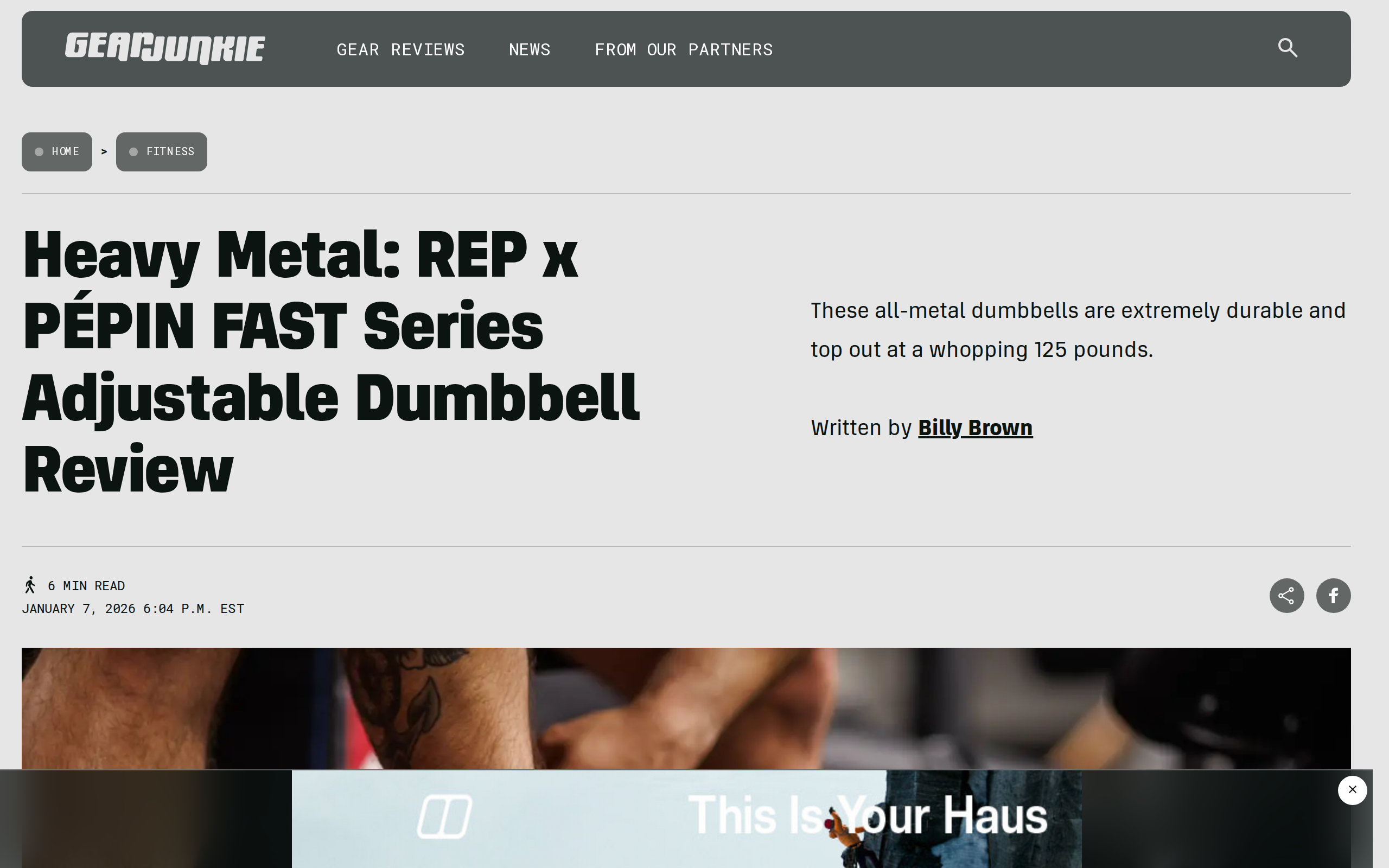 GearJunkie's review page headline Heavy Metal: REP x PÉPIN FAST Series Adjustable Dumbbell Review, with a feature photo of the pair