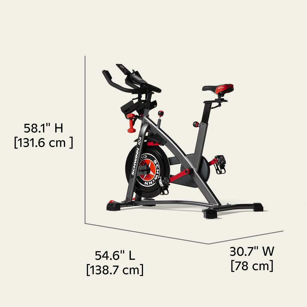 Schwinn IC4 dimension diagram showing 58.1 inches high, 54.6 inches long and 30.7 inches wide