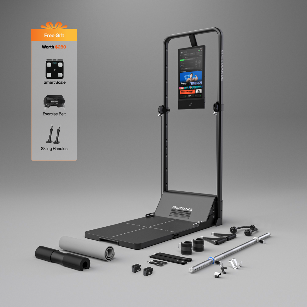 Speediance Gym Monster 2 package artwork: an upright frame with a touchscreen, a floor platform and a laid-out set of bars, belts and mats