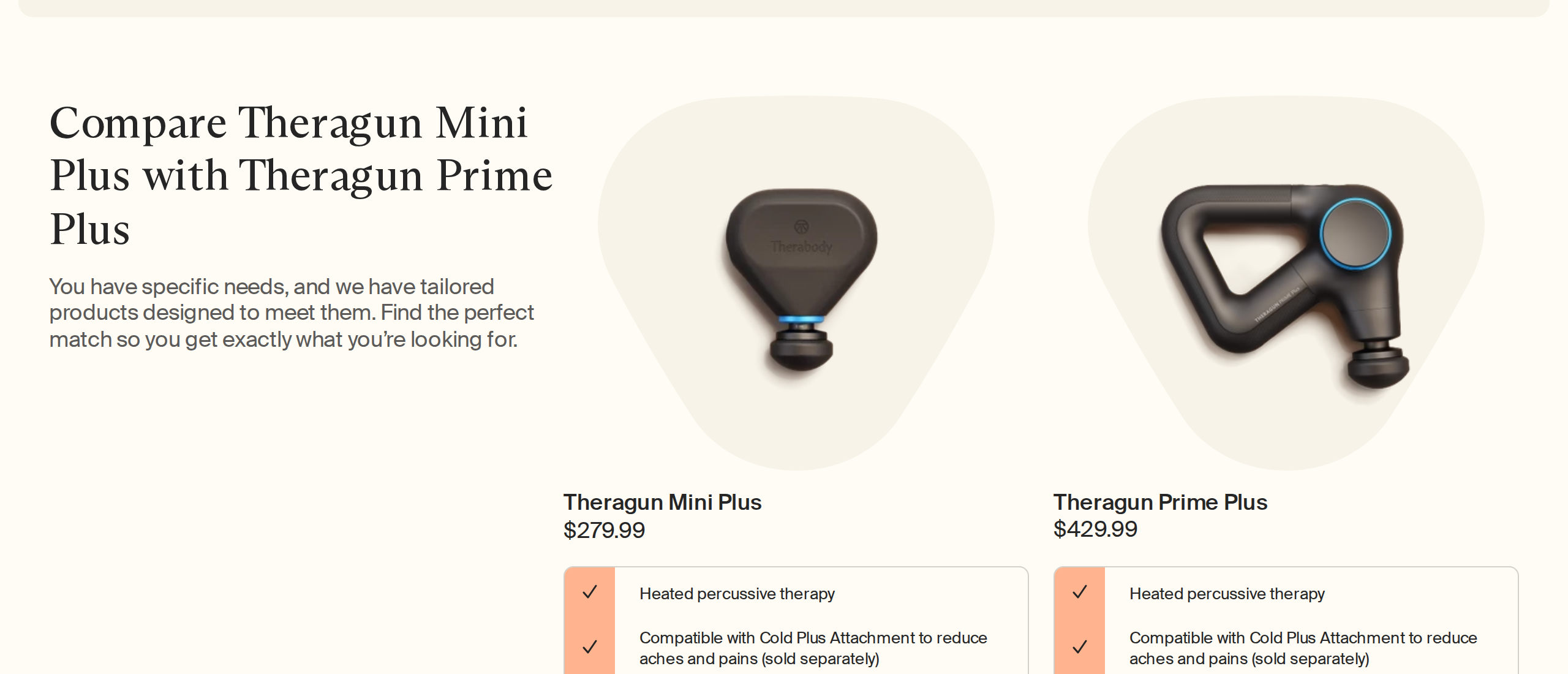 Theragun Mini Plus and Prime Plus side by side on Therabody's comparison panel