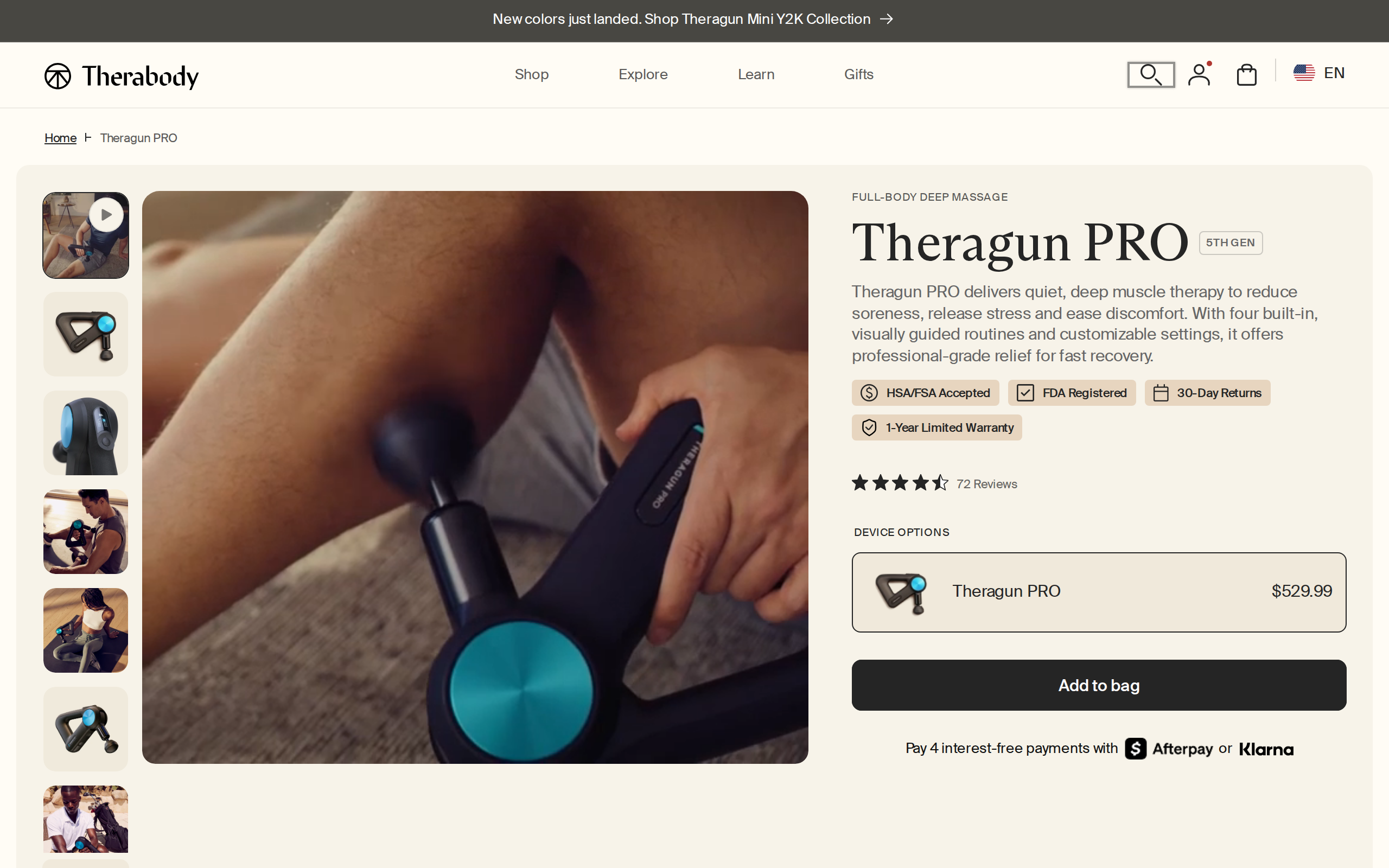 Theragun Pro 5th Gen product page priced at $529.99