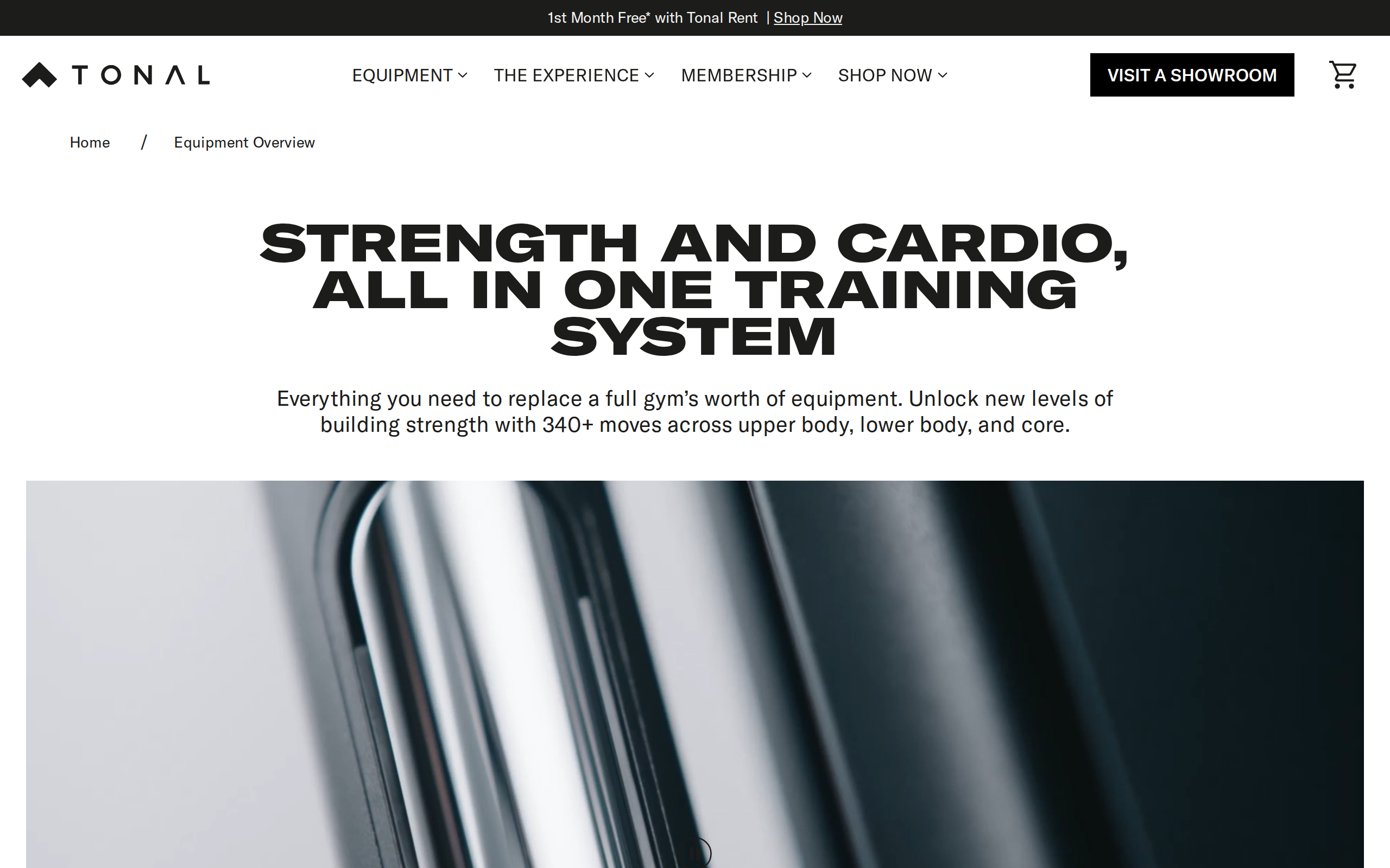 Tonal equipment overview headed "Strength and cardio, all in one training system" with a video of the unit in use