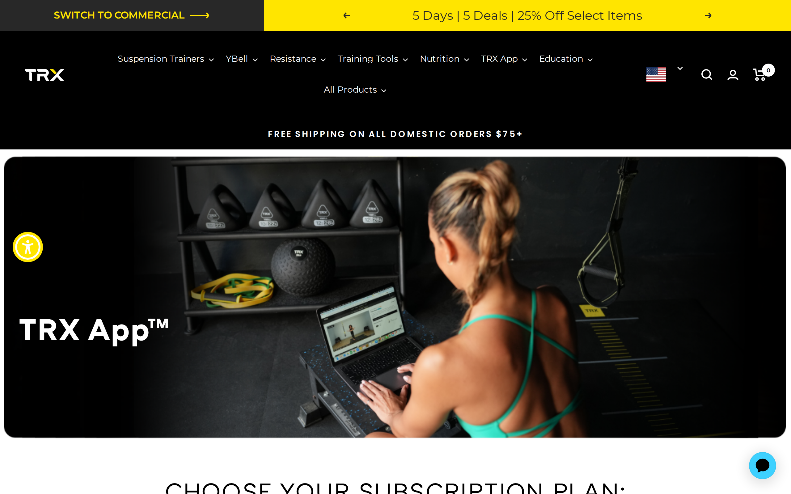 TRX App plans page with the headline TRX App and a free shipping banner