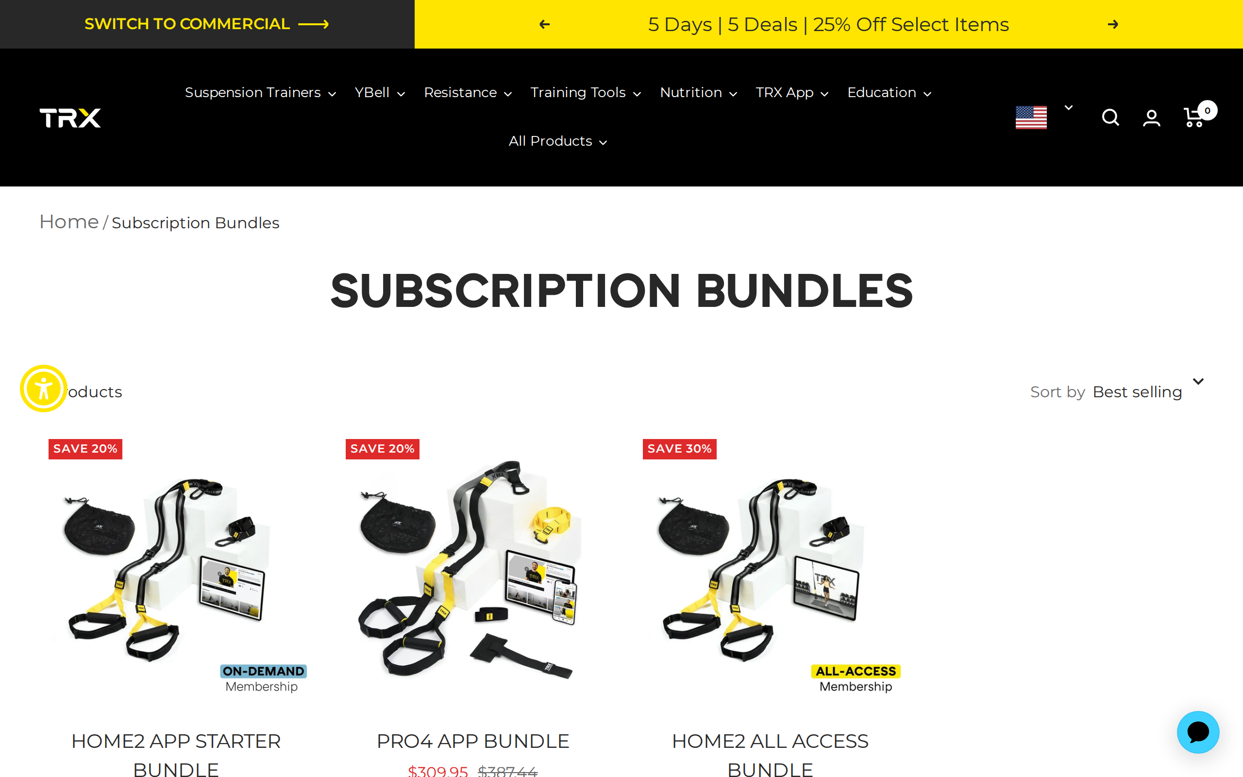 TRX subscription bundles page listing the PRO4 App Bundle, the HOME2 App Starter Bundle and the HOME2 All Access Bundle