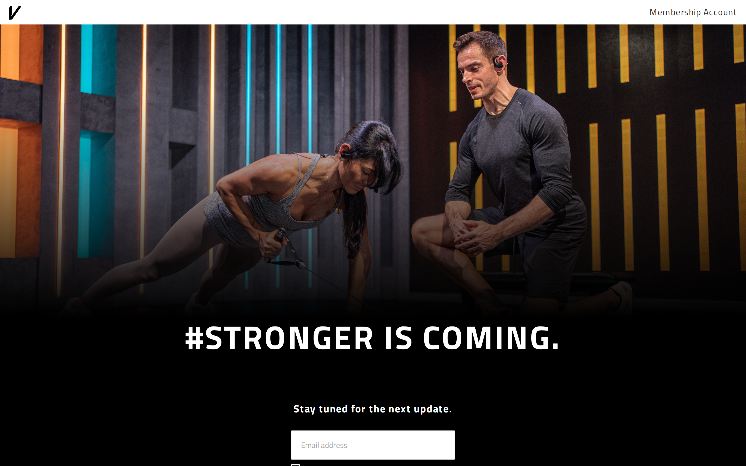 Vitruvian's home page with the heading Stronger is coming, a line saying stay tuned for the next update and an email signup form